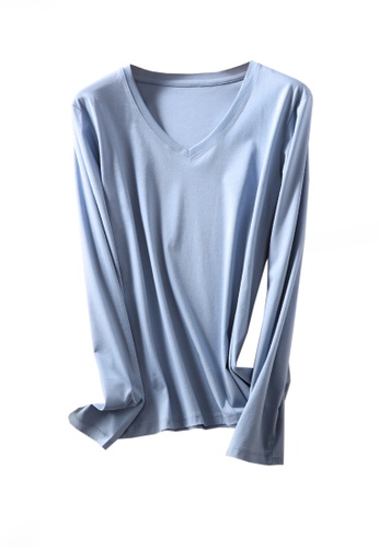 Twenty Eight Shoes blue VANSA V-neck Mercerized Cotton Long-sleeved T-Shirt VCW-Ts0001V 3ED56AAB95B57FGS_1