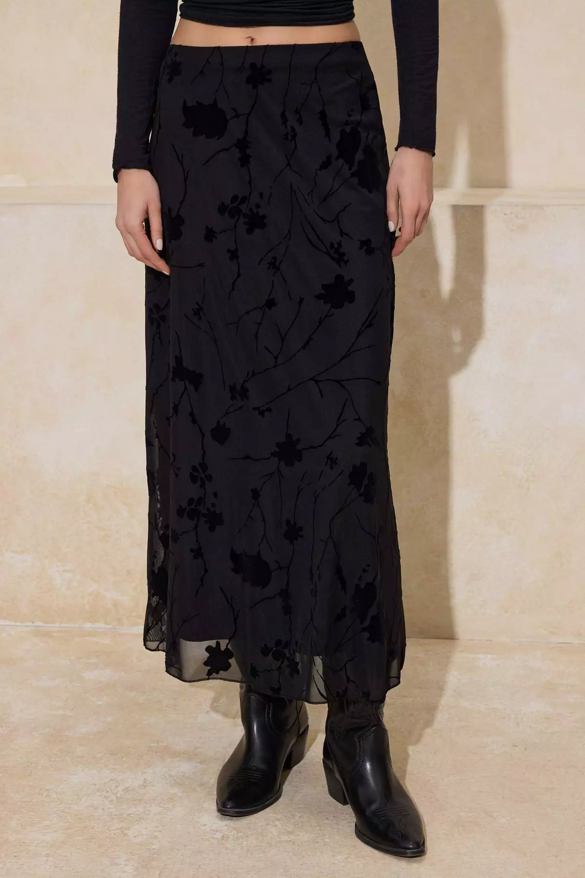 Black Flock Printed Pen Maxi/Long Tulle Flexible Knitted Skirt Twoaw26Et146