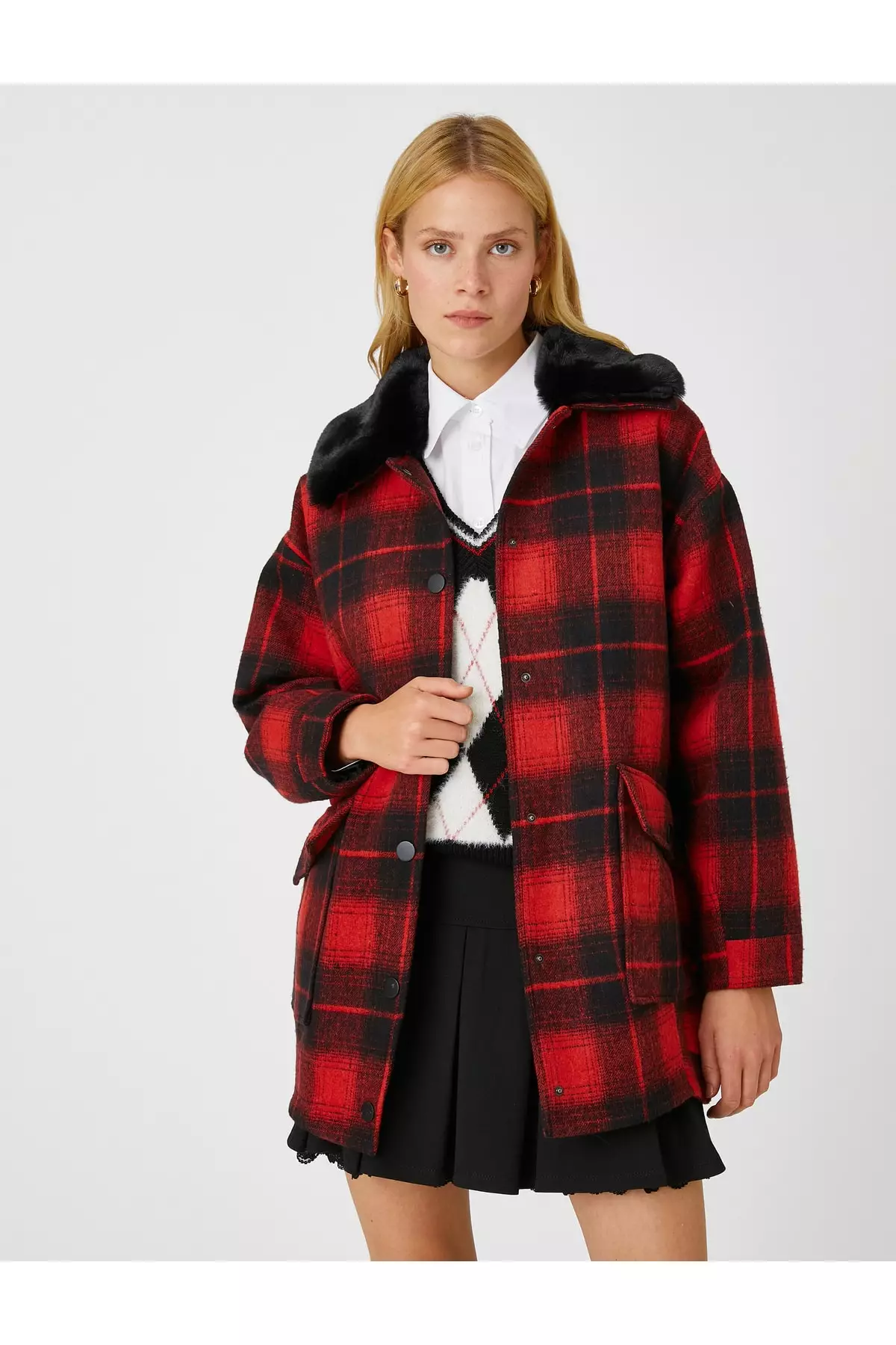 Buy KOTON Checkered Wool Coat Detachable Plush 2024 Online