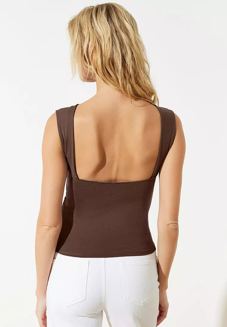 Brown Backless Fitted Regular Length Cotton Flexible Knitted Blouse Twoss24Bz00031