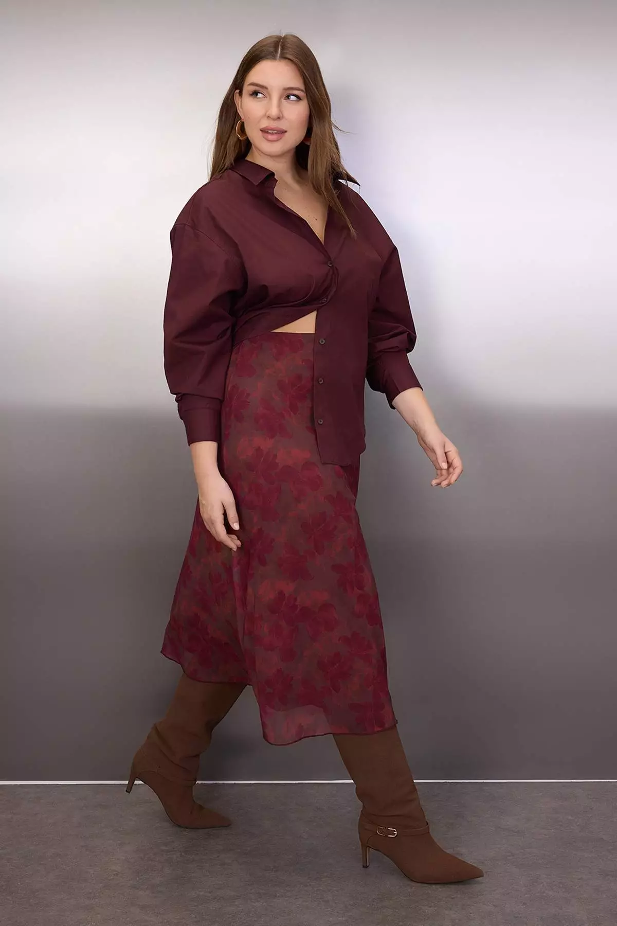 Burgundy A-Line Floral Pattern Tulle Knitted Plus Size Skirt Tbbaw25Az00006