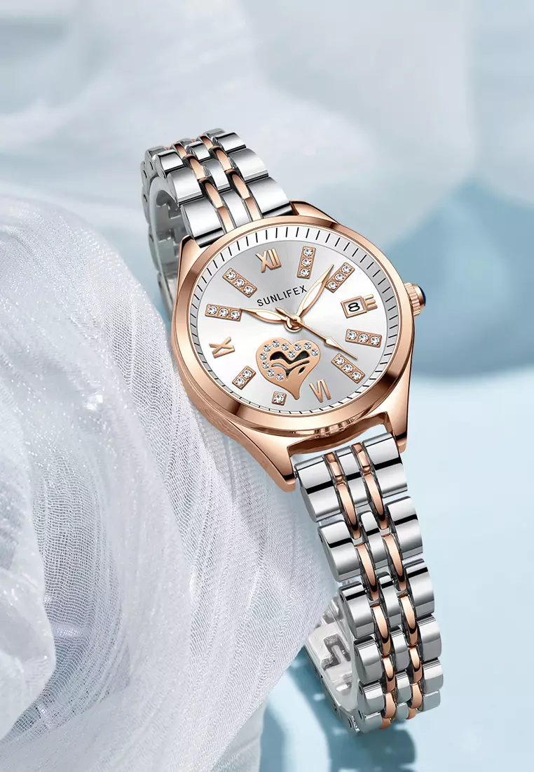 Jam Tangan Wanita 6000 Calendar Berlian Elegan Santai Jam Tangan Cewek rosewhite