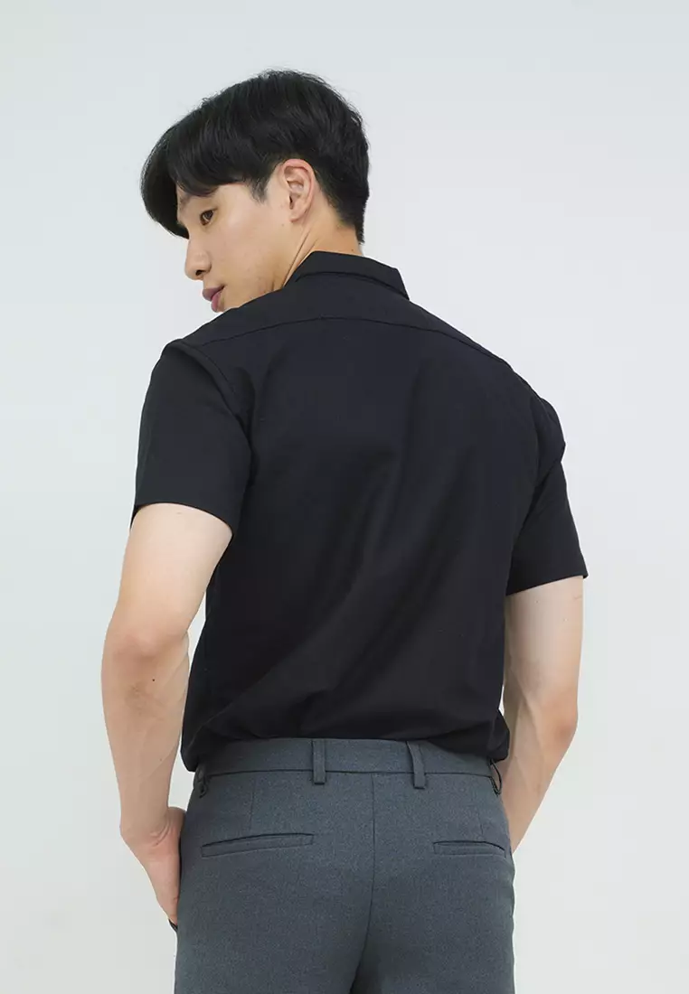 Kemeja lengan pendek pria formal slim fit black houseofcuff