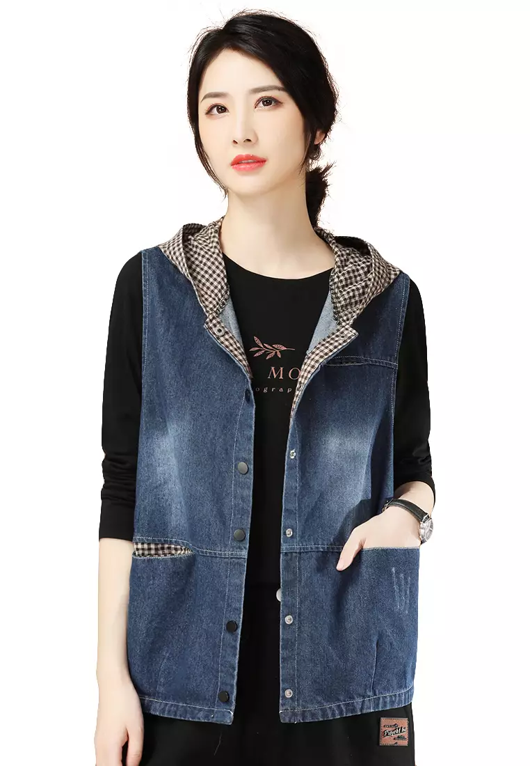 A IN GIRLS Denim Jacket With Checkered Hooded Vest 2024 Buy A IN