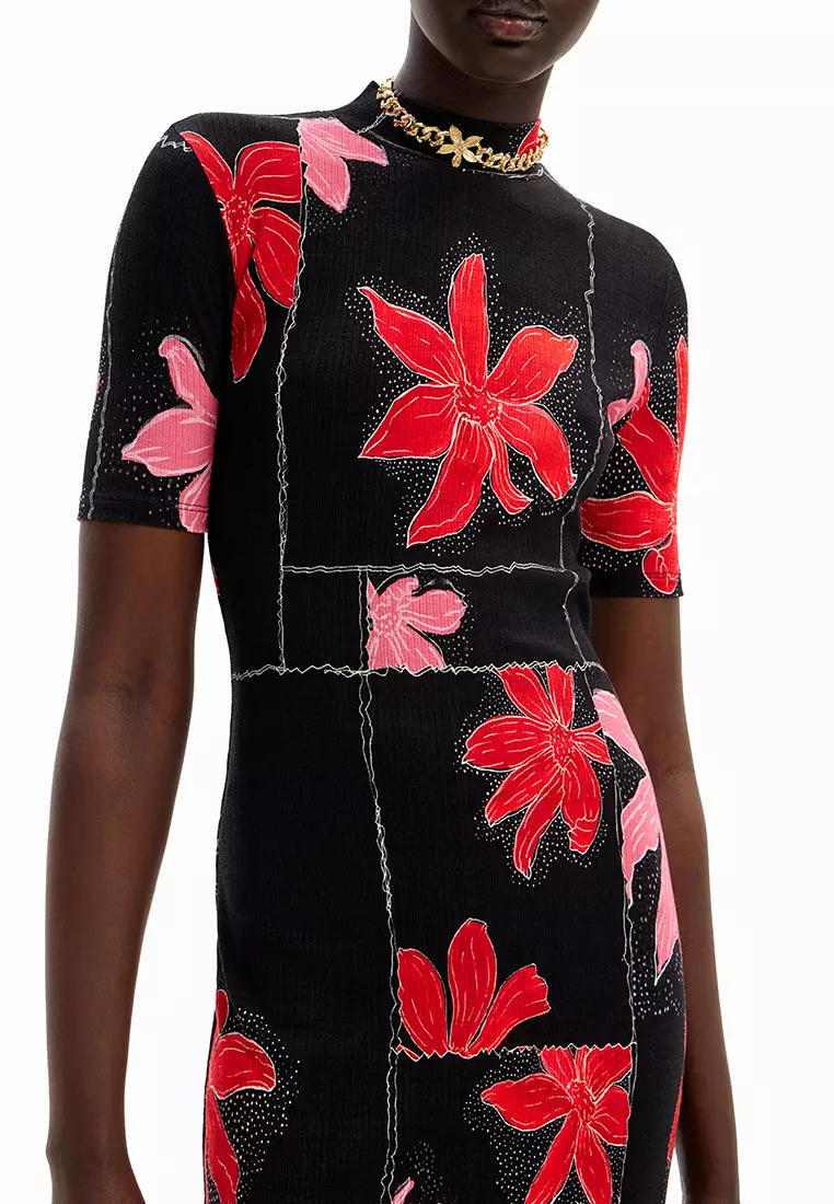 Desigual Woman Ribbed floral midi dress.