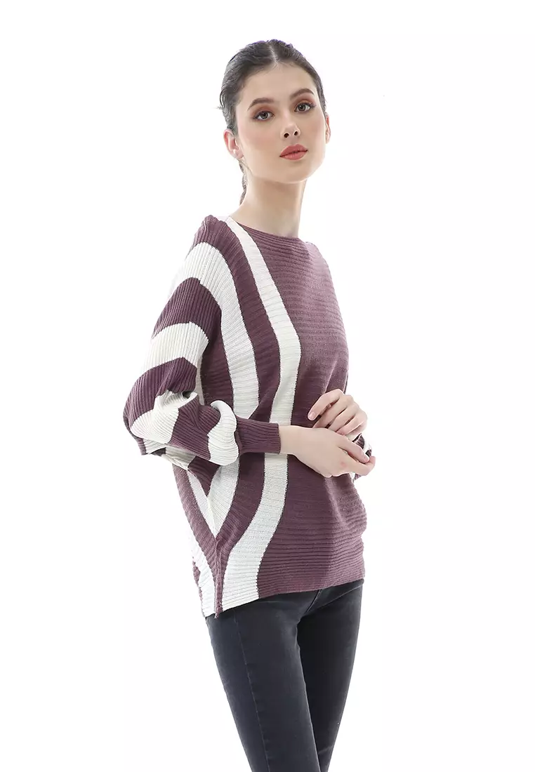 Viana Blouse Rajut Atasan Wanita Motif Zebra Stripe Oversize Jumbo Premium Quality - Burgundy