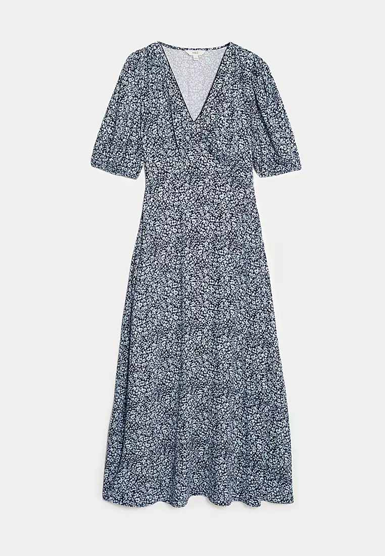 Printed V-Neck Puff Sleeve Midi Tea Dress
