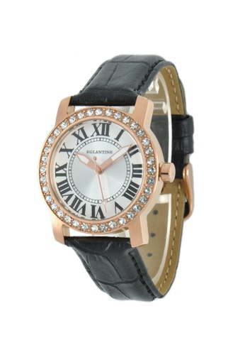 EGLANTINE 金色 EGLANTINE® Emily 女士鍍玫瑰金精鋼石英手錶，黑色皮革錶帶上鑲有水晶 EB082ACBFD421DGS_1