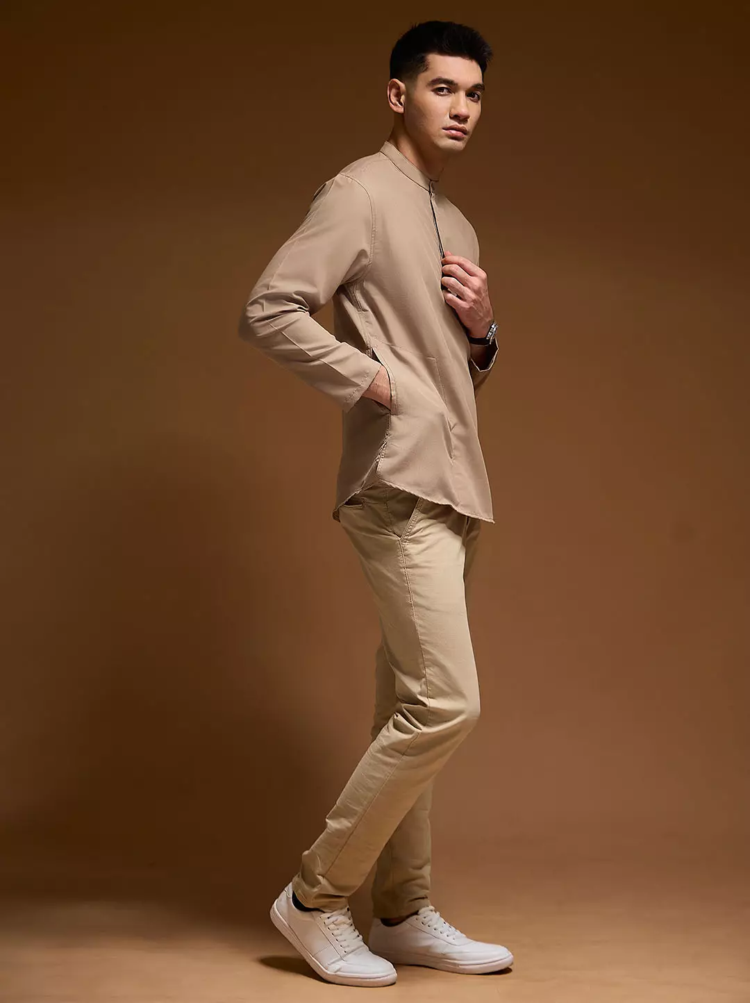 OXCON Kemeja koko Tangan Panjang Collarless Azfar Mocca