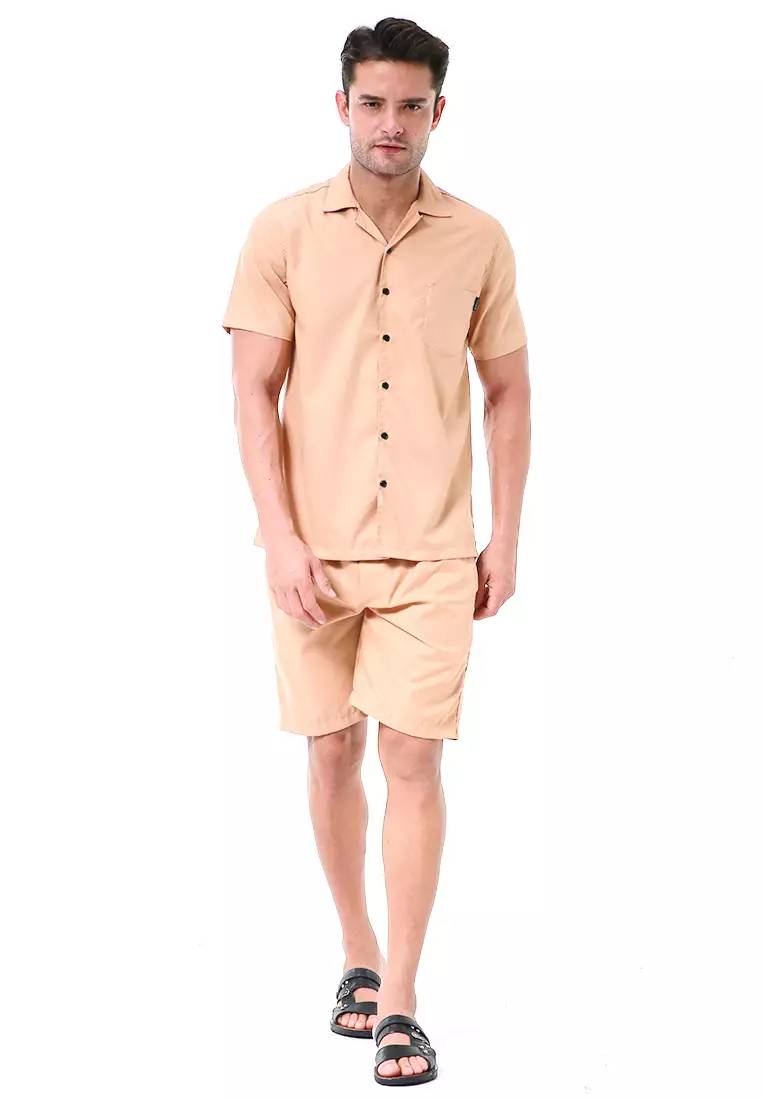 Deon Piyama Pria Plain Motive Kemeja One Set Lengan Pendek Material Cotton ORIGINAL - Cream