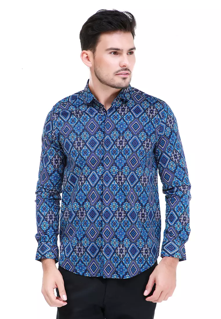 Dwan Kemeja Batik Pria Permata Atasan Formal Longsleeve Shirt Material Cotton ORIGINAL - Blue