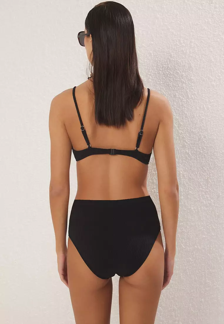Black V Cut High Waist Regular Bikini Bottom TBESS25BA00036