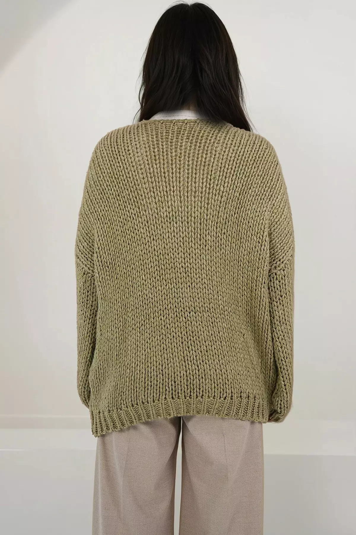 Women'S Khaki V-Neck Thick Thessaloniki Braided Soft Textured Oversized Sweater Alc-X14850