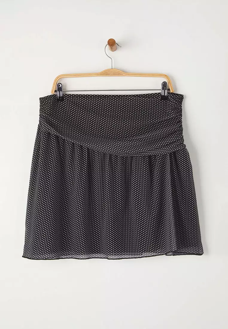 Black Polka Dot Patterned Pleated Waist Mini Tulle Knit Plus Size Skirt