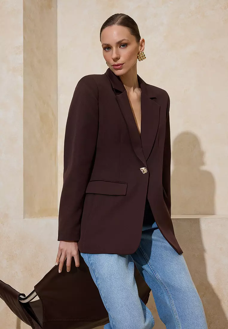 Dark Brown Accessory Buttoned Regular Fit Woven Blazer Jacket Twoss26Bc2