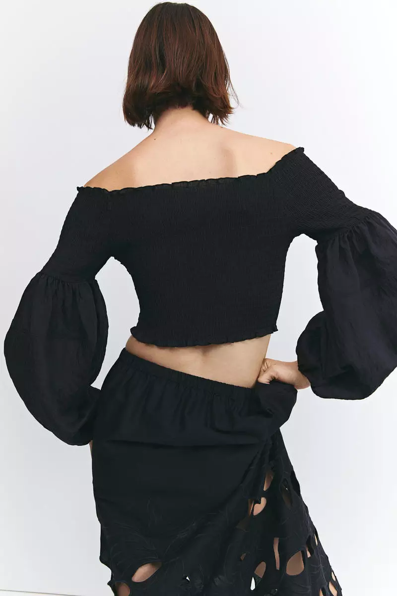 Smocked off the shoulder best sale top black