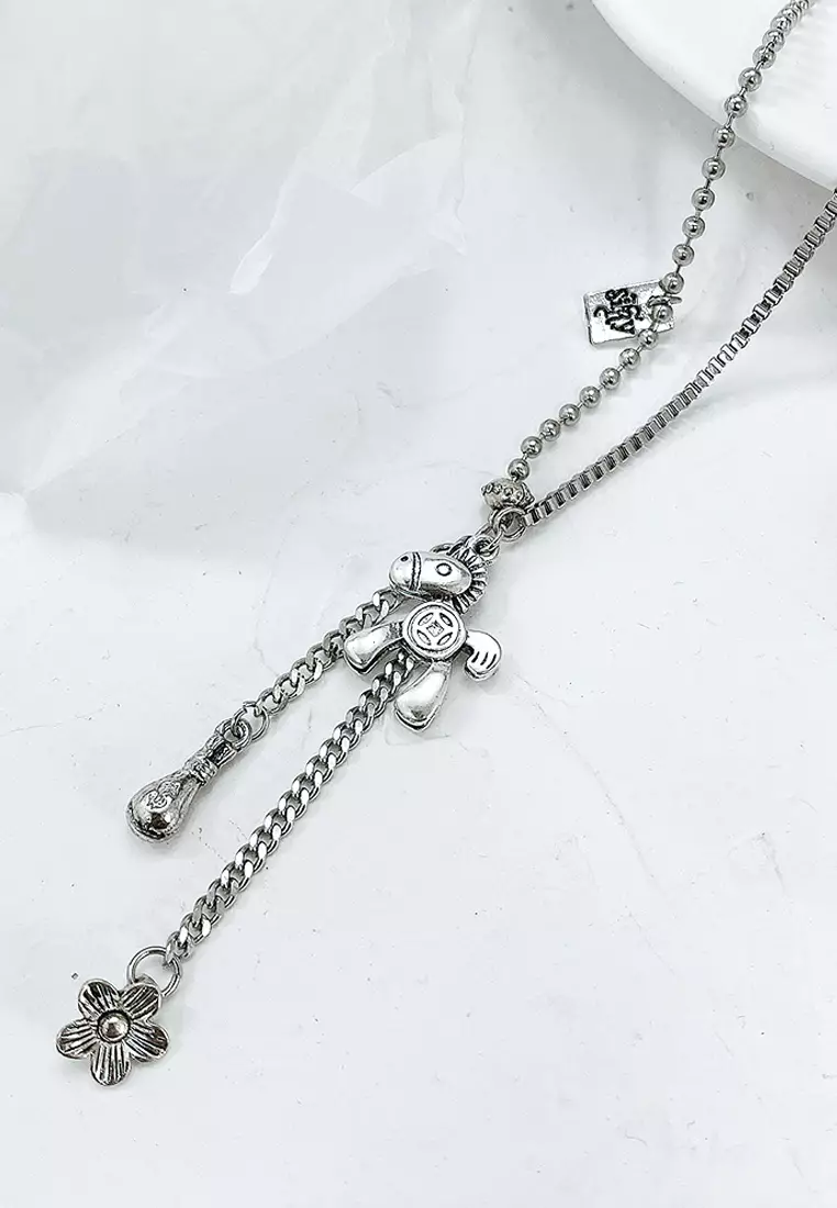 Petite Pony and Flower Long Chain Necklace in White Gold