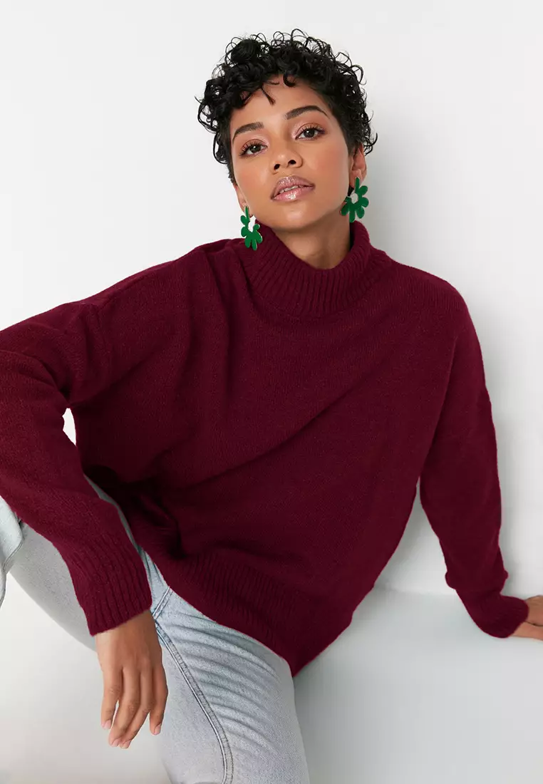 Claret Red Wide Pattern Soft Textured Stand Collar Knitwear Sweater