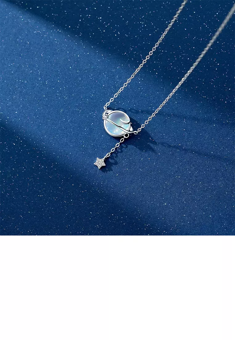 925 Sterling Silver Fashion Temperament Planet Moonstone Tassel Pendant with Cubic Zirconia and Necklace - Luxurious Look