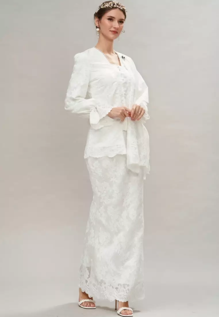 White Silk Embroidery Puff Sleeve Kebaya Top & Maxi Skirt Hari Raya