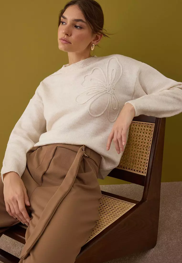 Stone Soft Textured Floral Patterned Knitwear Sweater Twoaw26Kz11