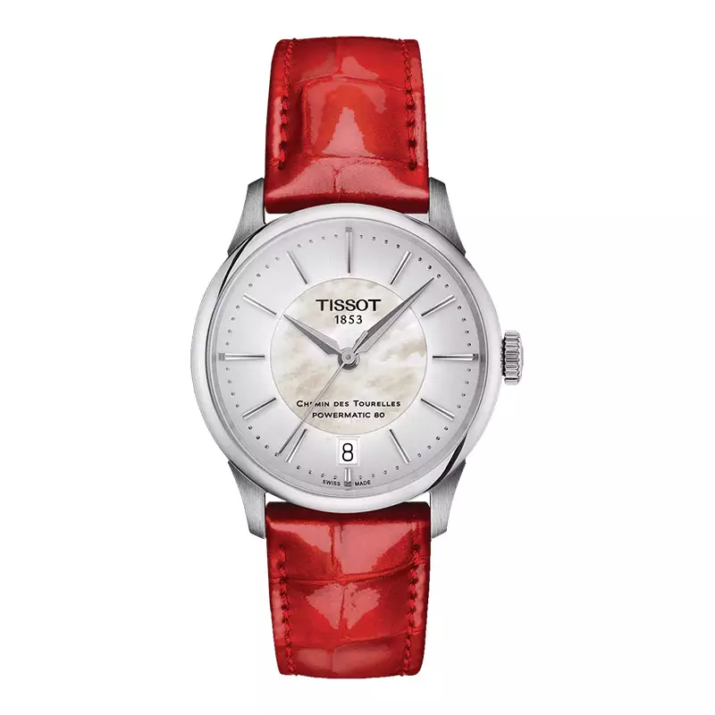 Jam Tangan Wanita Tissot T Classic T139.207.16.111.00 Chemin Des Tourelles Powermatic 80 MOP Dial Red Leather Strap