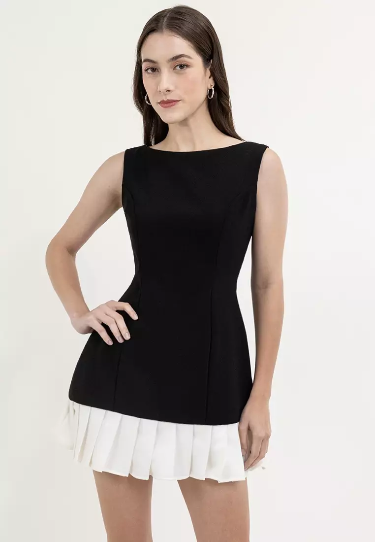 Gabbi Boat-neck Pleated-hem Mini Dress