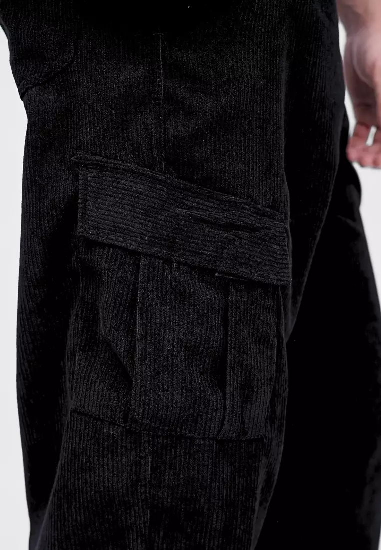 Ryusei Celana Cargo Corduroy Panjang Hitam Wide Fit Premium Casual Look