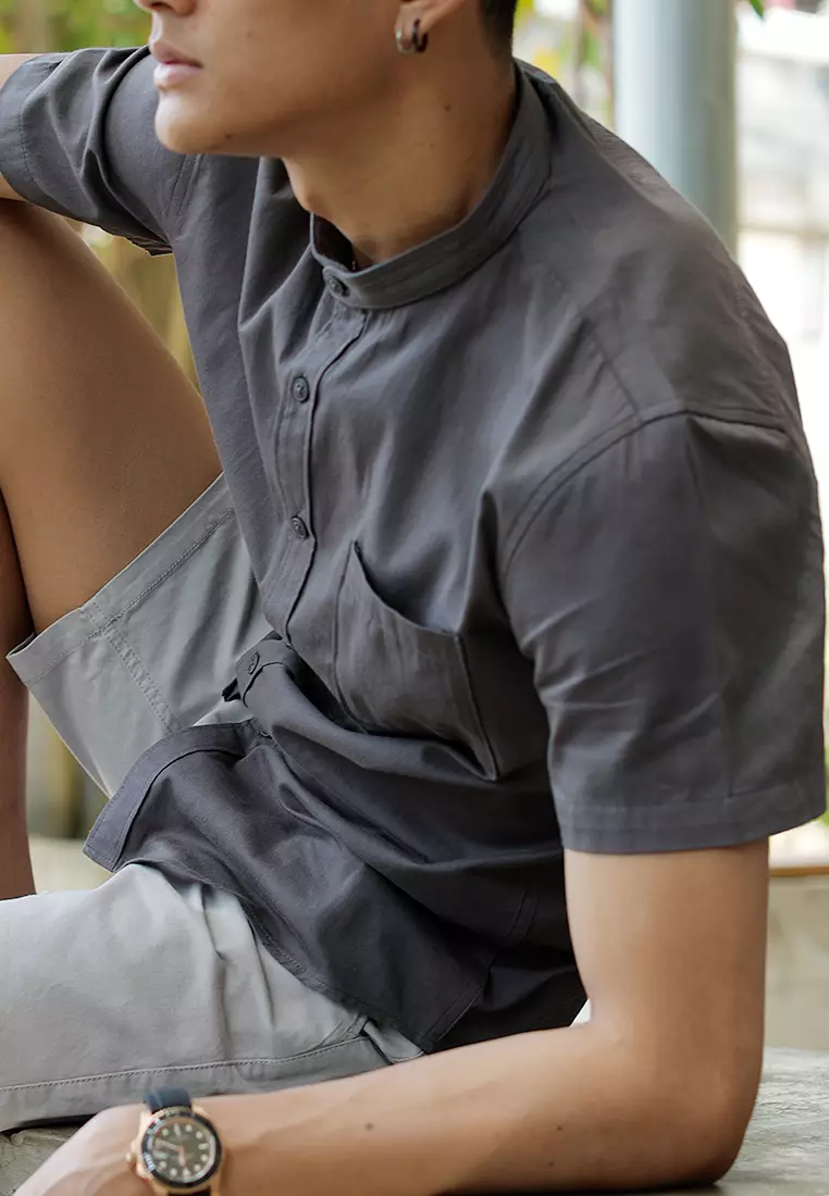 Kemeja Collarless Koko Tangan Pendek short shirt OXCON Charcoal