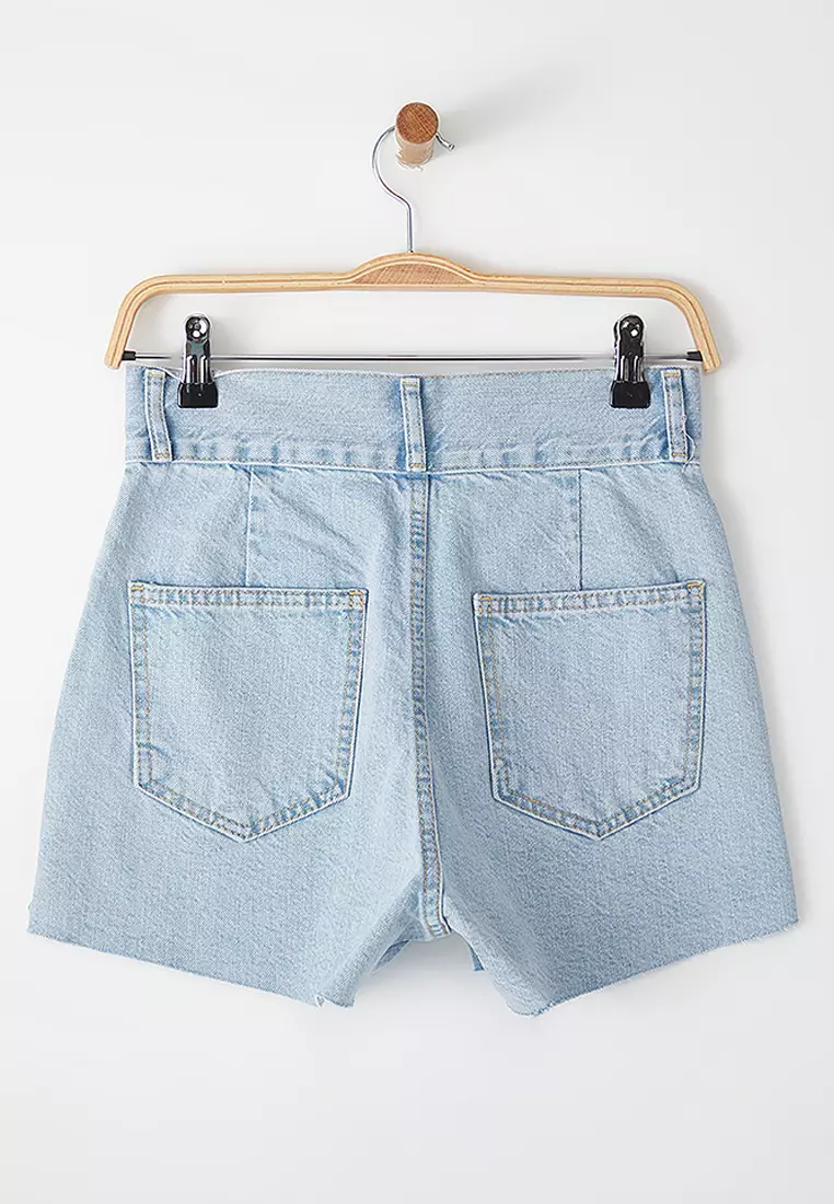 Light Blue Pocket Detailed Double Buttoned Cut-Out High Waist Mini Denim Shorts