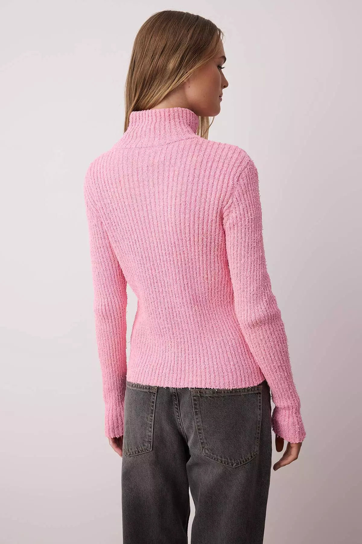 Pink Zipper Stand Collar Soft Textured Cotton Knitwear Cardigan