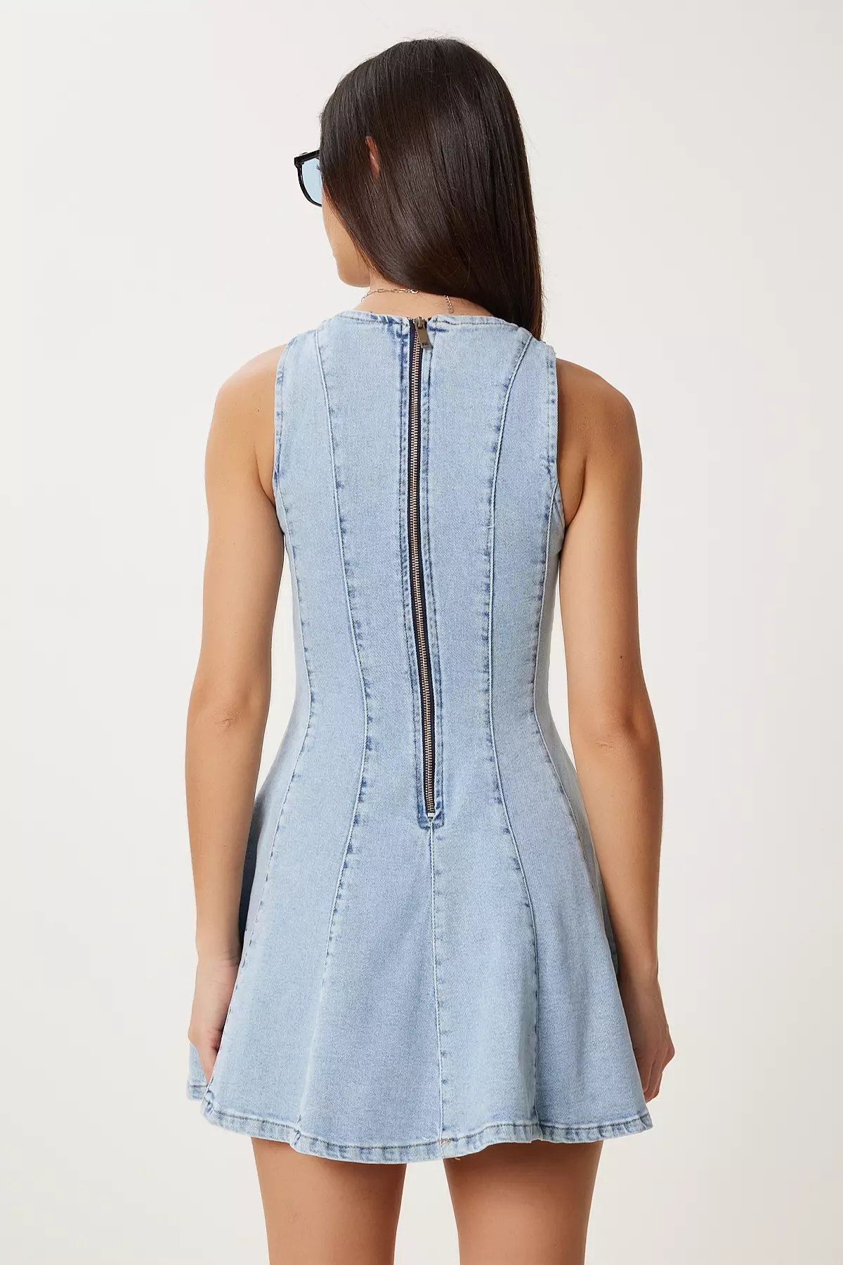 Women Light Blue Flounced Mini Denim Dress Kq00012