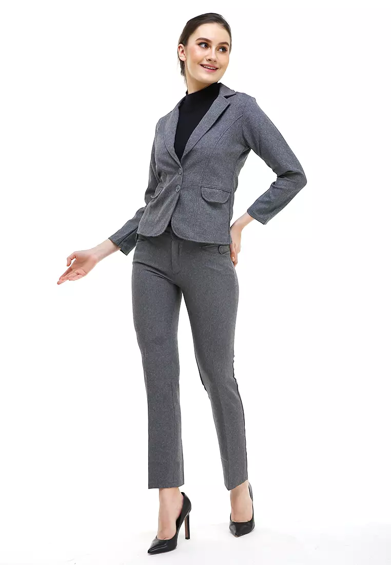 Nicrely Setelan Blazer Celana Wanita One Set Longsleeve Suit Long Pant Material Semi Stretch ORIGINAL - Gray