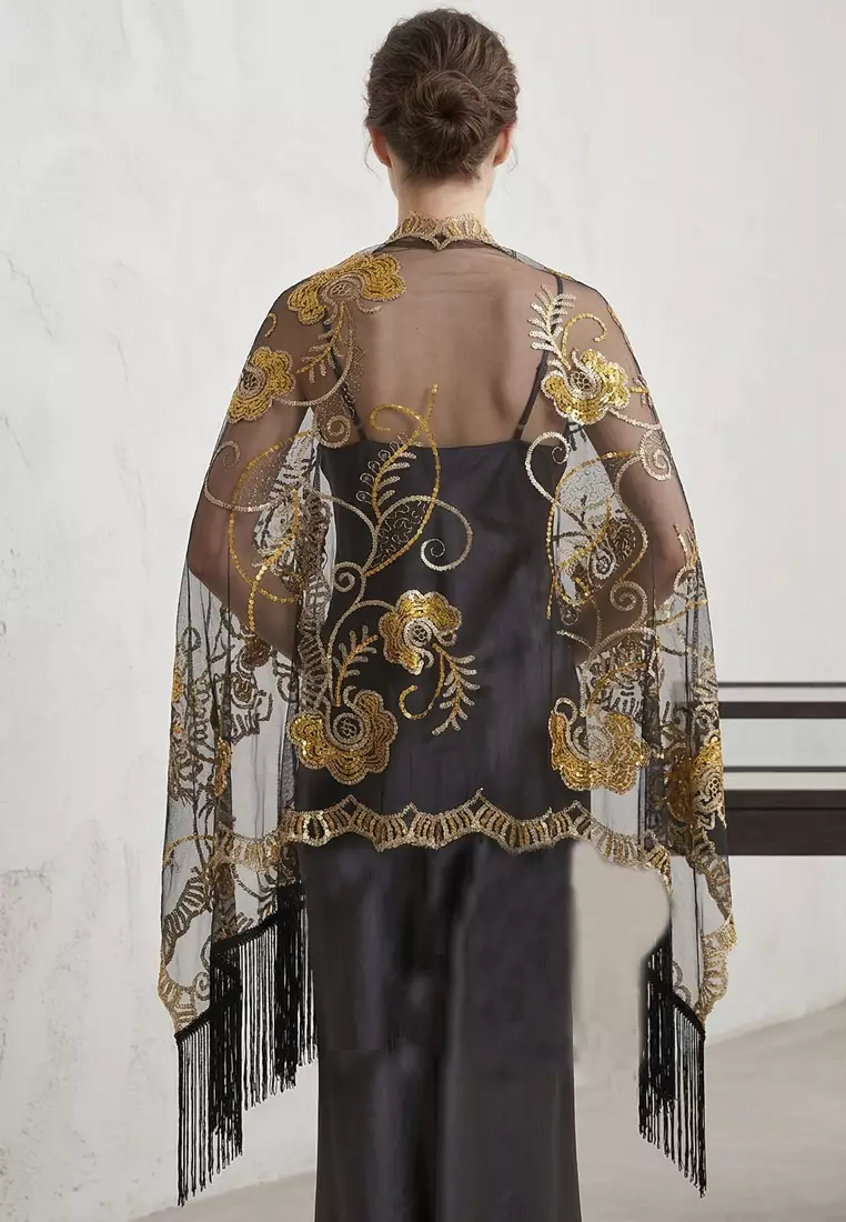 Aksesoris Wanita marigold Flower Sequinn Lace  Fringed Evening Shawl Syal Pesta Wanita Black & Gold