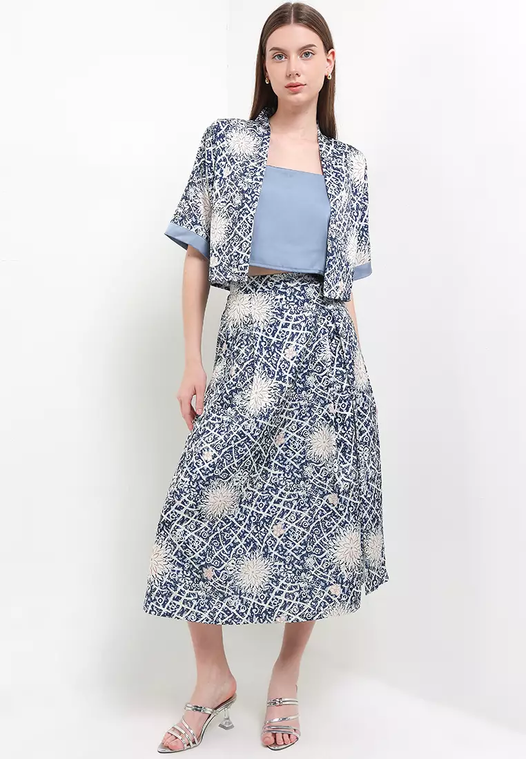 Setelan Outer Blouse Atasan dan Bawahan Rok Wanita Spesial Seruni Merona Collection Azrina Premium Stretch Silk Blue