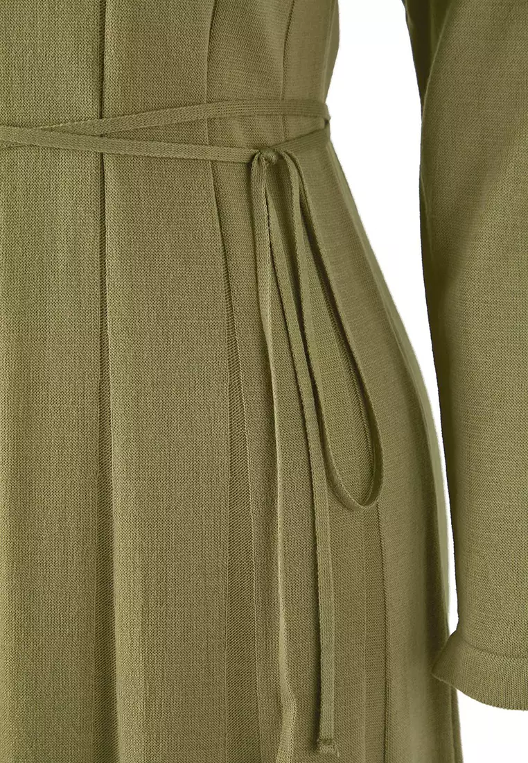 Khaki Oil Green Thin Belted Pleated Knit Dress
