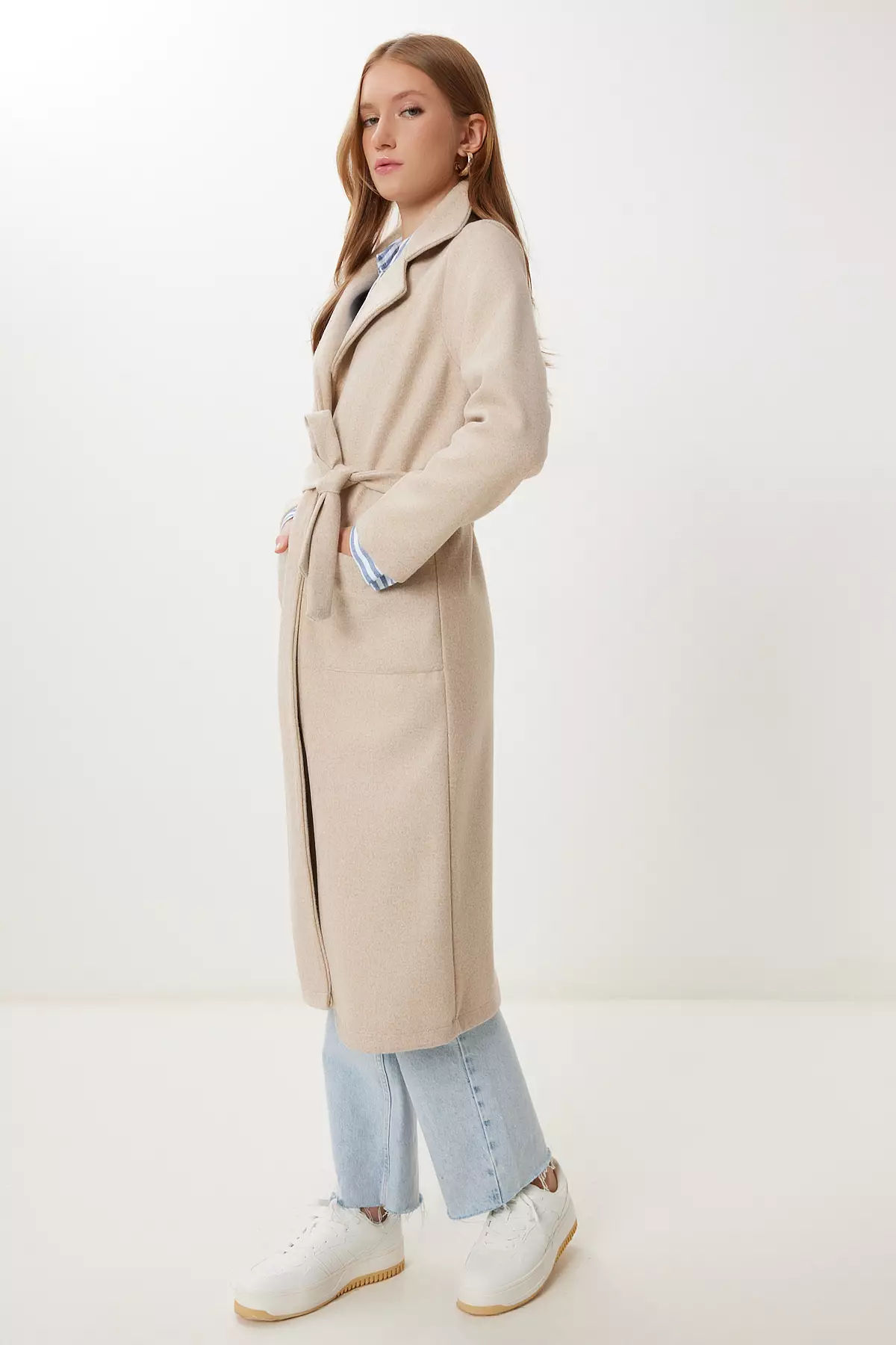 Women's Beige Double Breasted Collar Belted Cashmere Coat Mx00253