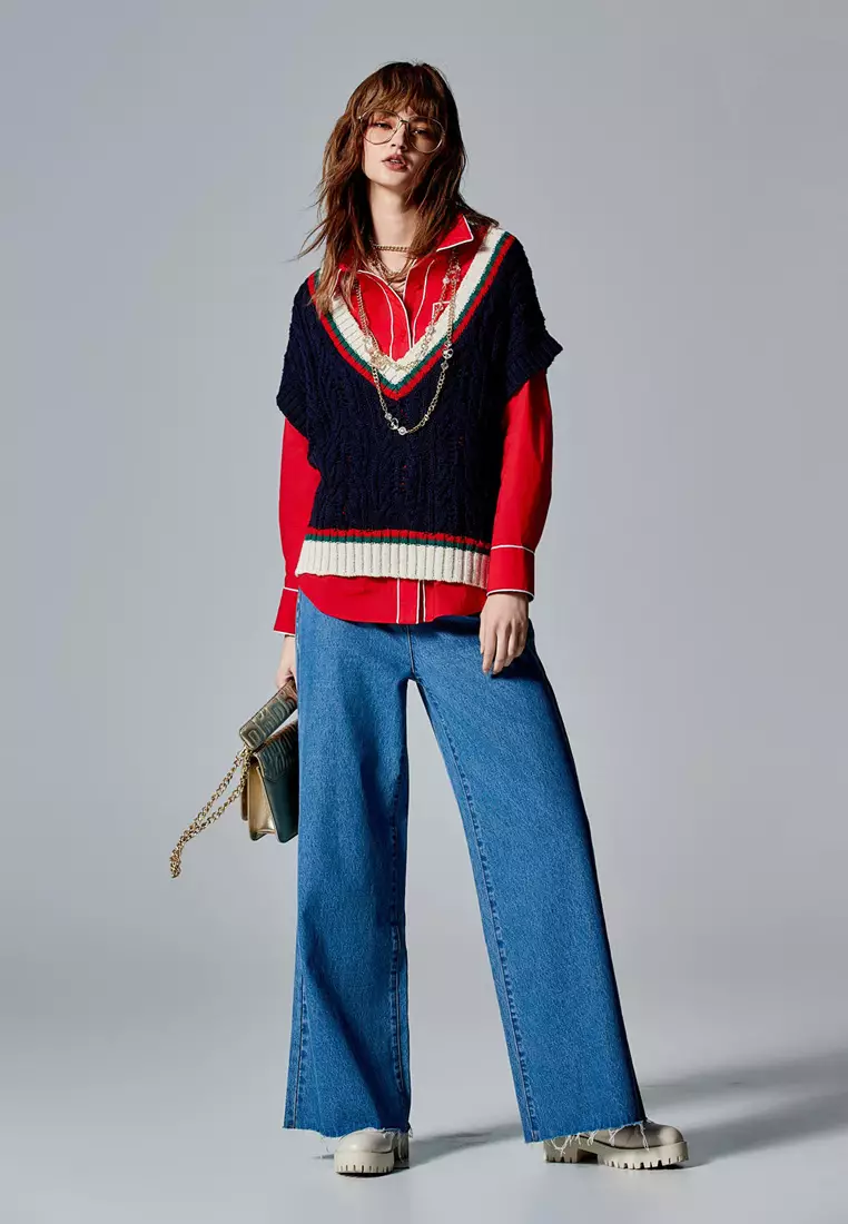 Red Blouse With Contrast White Trim Detail