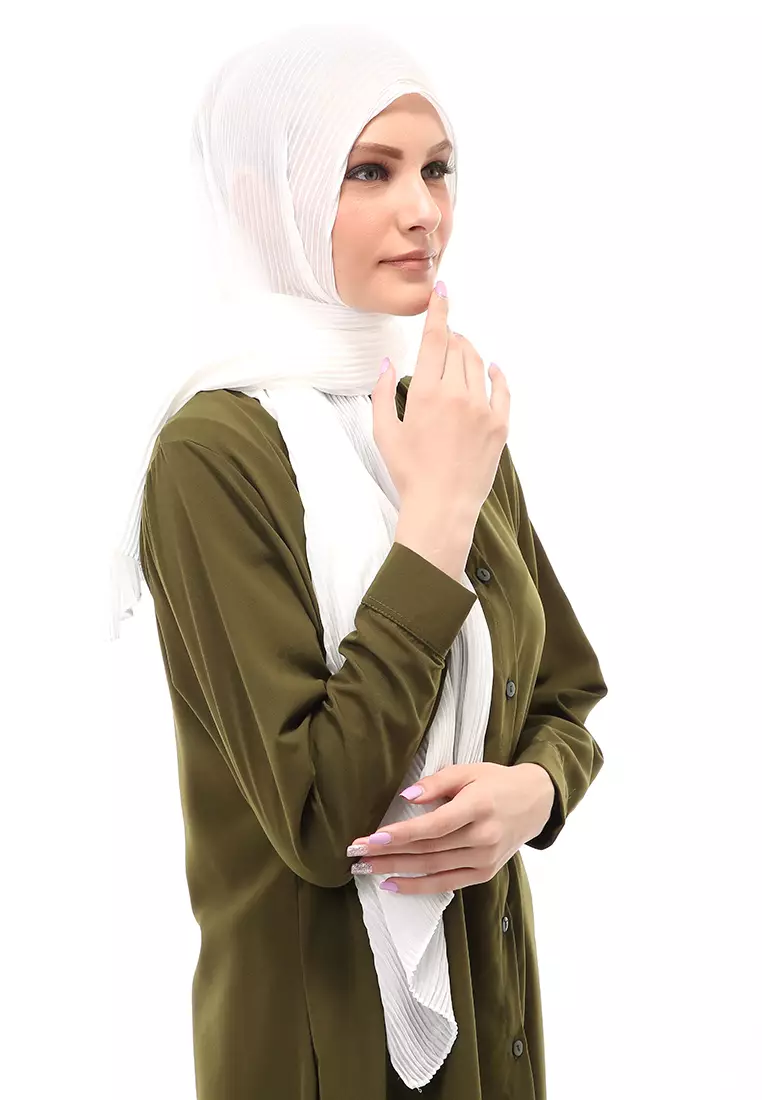 Melissa Pashmina Plisket Garis Hijab Wanita Relaxed Fit - Broken White