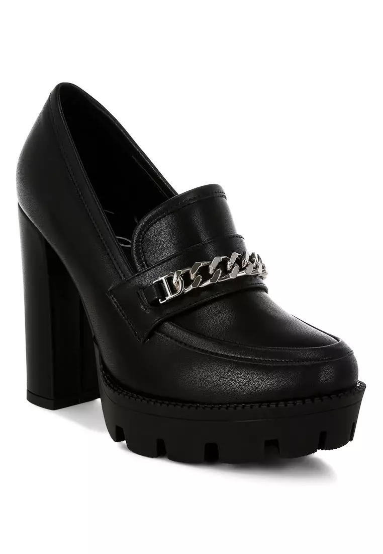 Black Chunky High Block Heeled Loafers