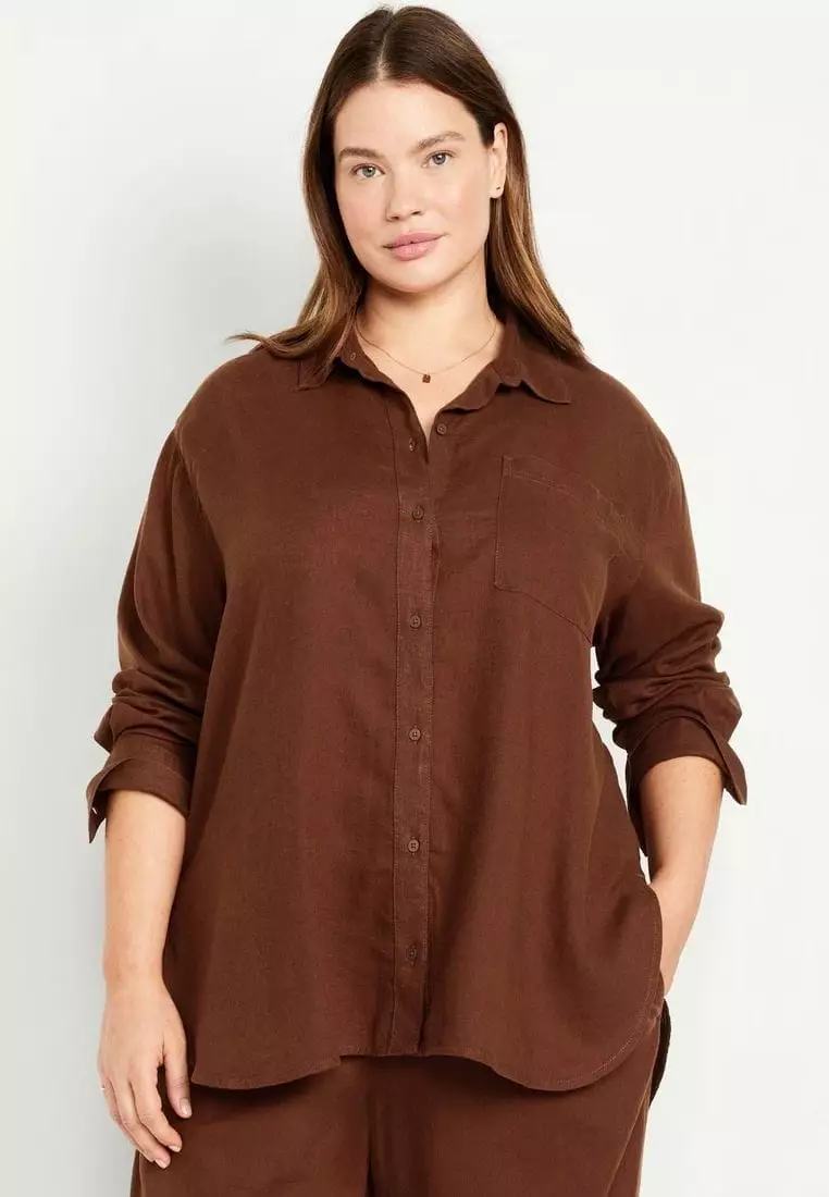 Linen-Blend Loose Button-Down Shirt