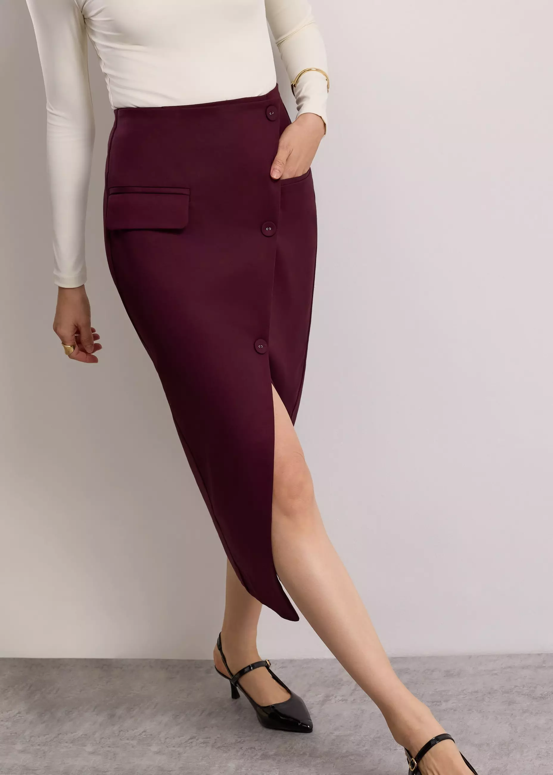 Rok Wanita - Shuri Asymmetric Front Slit Column Midi Skirt