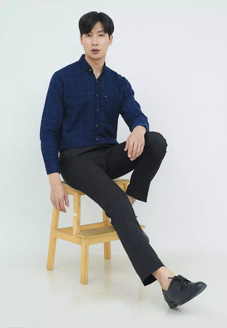 Kemeja lengan panjang pria formal slim fit sleeve navy houseofcuff