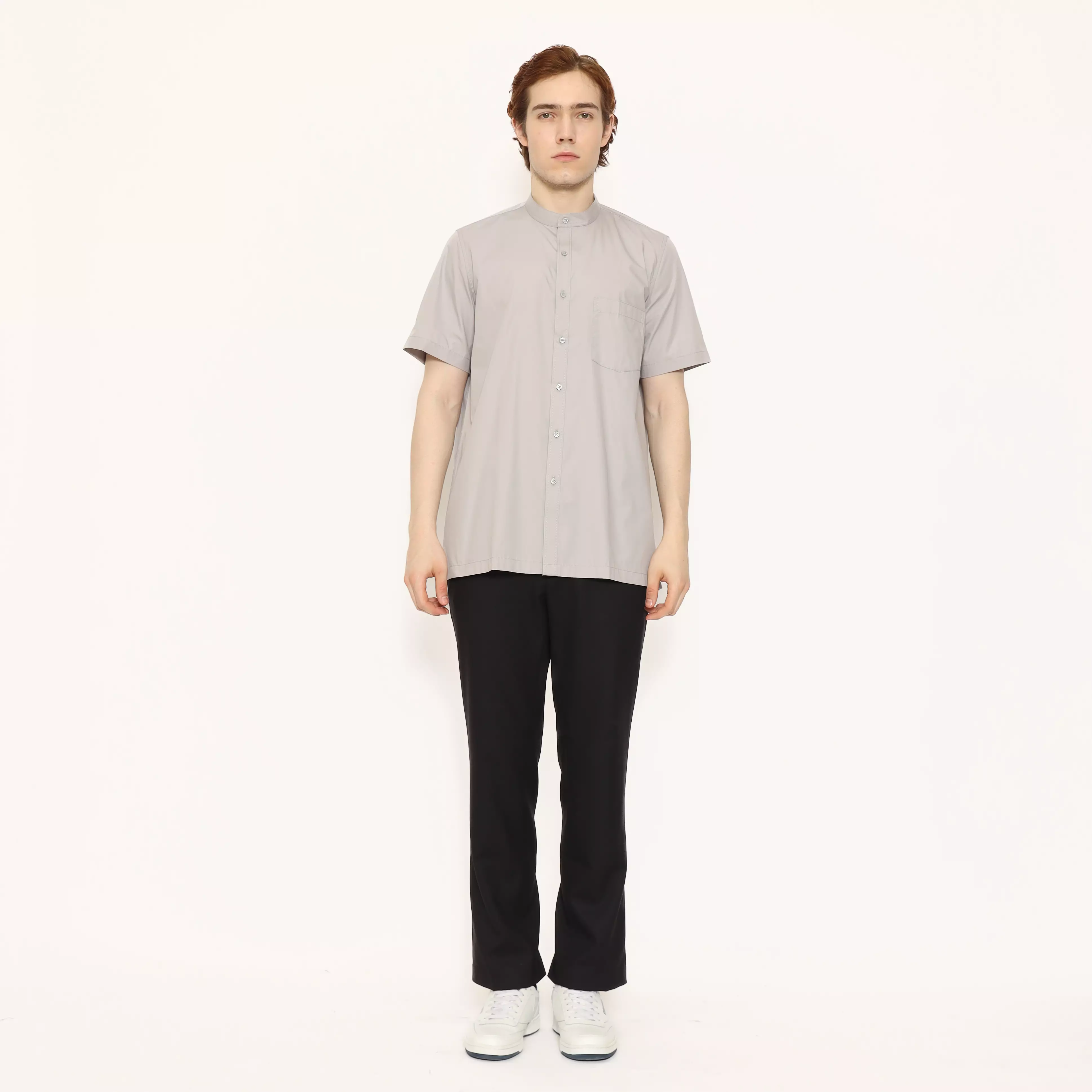 LAWELL ALARA-S Baju Koko Pria Lengan Pendek Regular Fit Kerah Mandarin Polyester Cotton Premium Warna Light Grey