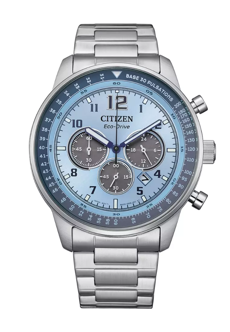 Citizen 西鉄城 Beginning Blue 系列時碼錶淺藍色錶盤不鏽鋼錶帶光动能簡約潮流休閑男士腕錶 CA4500-83M