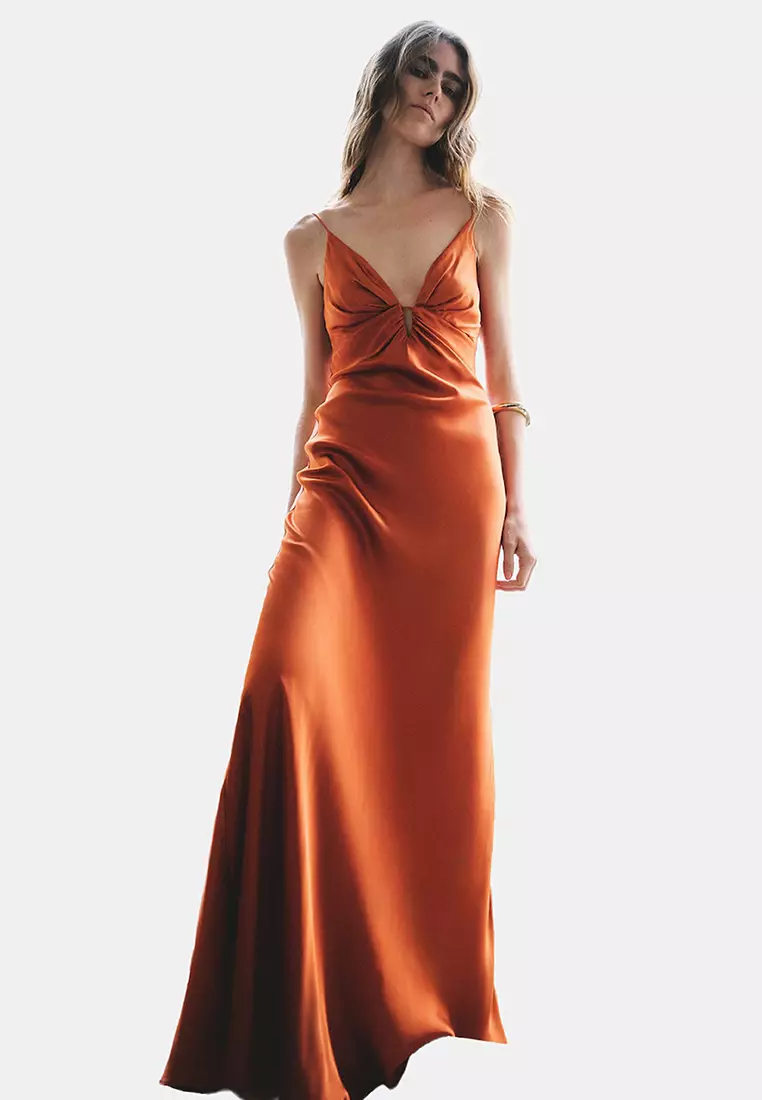 Buy Mango Satin Dress With Gathered V-Neckline Online | ZALORA Malaysia