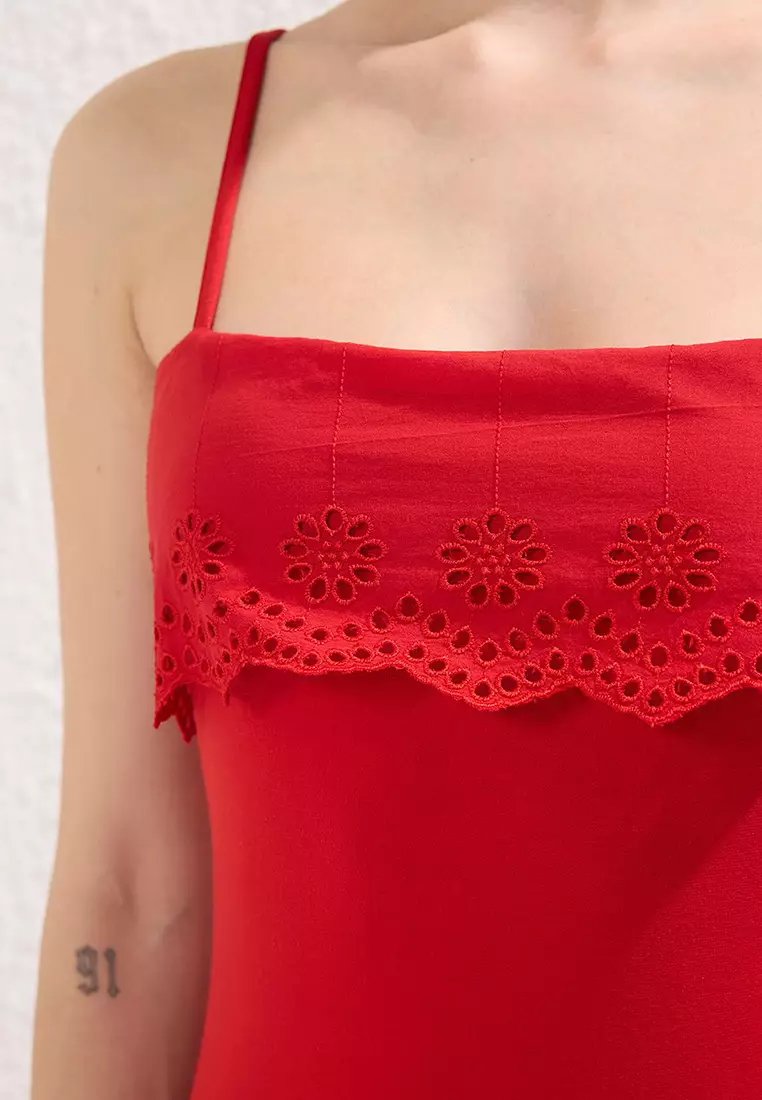 Red Embroidered Detailed Bodycone/Fits The Body Midi Knit Dress Twoss25El00356