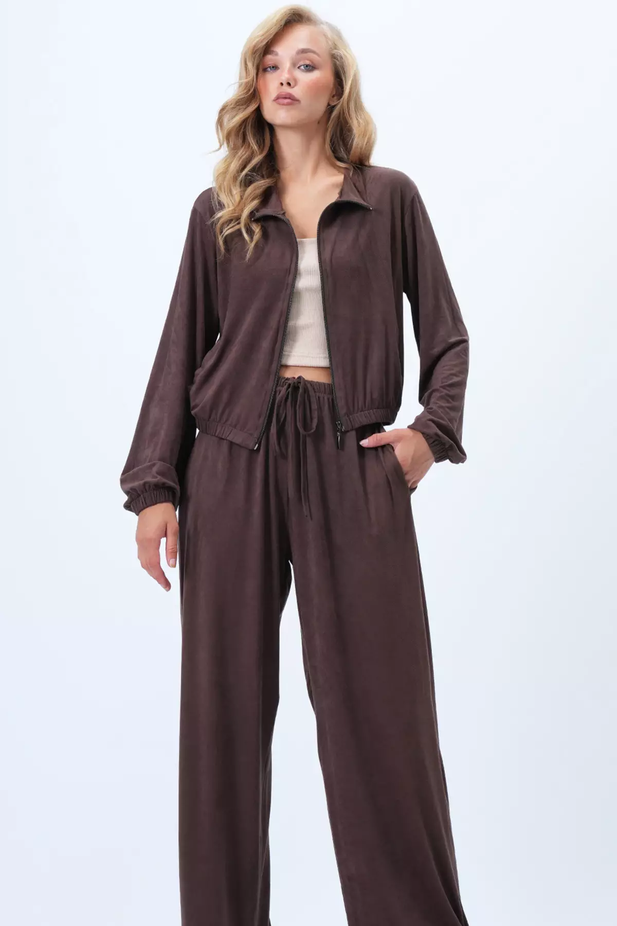 Women'S Bitter Coffee Stand Collar Zip-Up Soft Textured Suede Jacket Double Pocket Pants Suit Alc-X14445