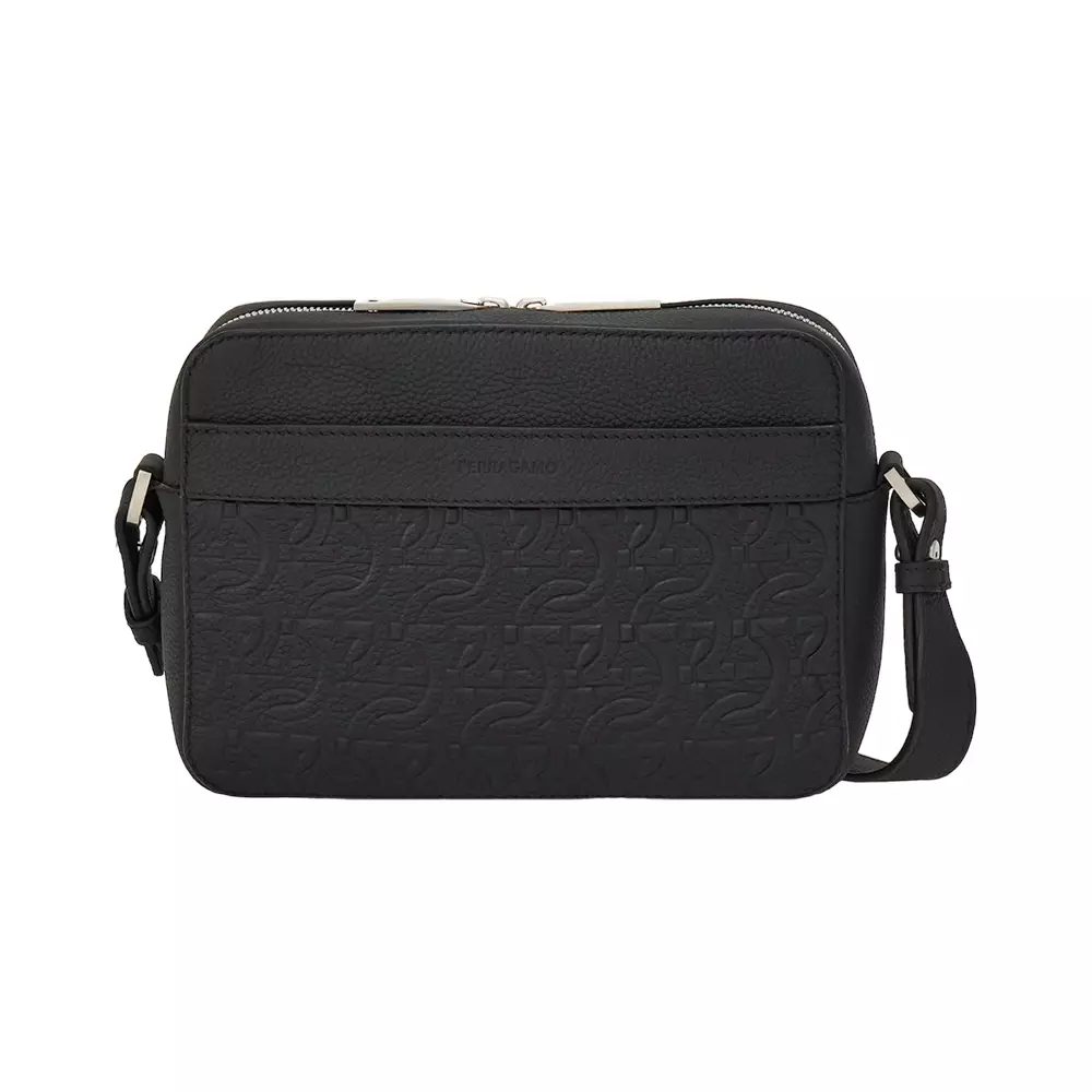 Gancini Embossed Leather Camera Bag Black