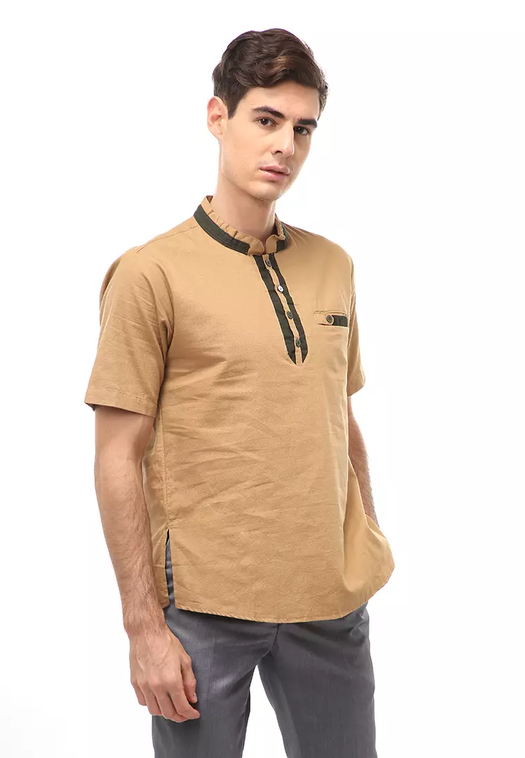 Dwan Atasan Formal Pria Kemeja Koko Motif List Kancing Short Sleeve Material Cotton ORIGINAL - Cream